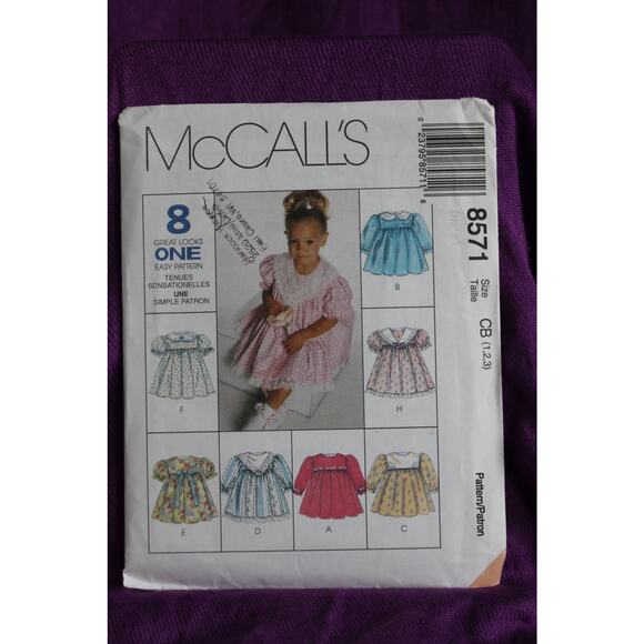 McCalls 8571 Sewing pattern girls dress puff sleeve A line skirt size 1 2 3 - Picture 1 of 5